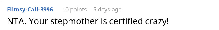 Comment screenshot showing a user calling a stepmother crazy after being publicly called out online for lies.