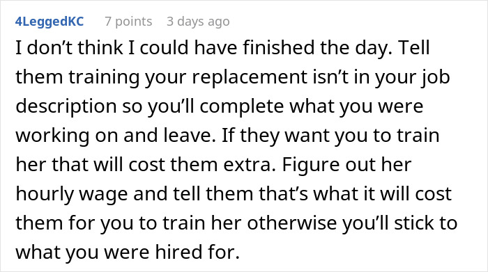 Commenter advises refusing unpaid training for replacement, highlighting costs amid company claims it can’t afford raises.