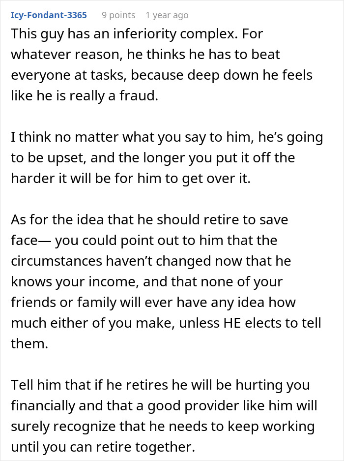 Text post discussing husband feeling emasculated due to wife making more money and advice on handling the situation.