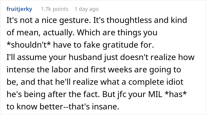 Screenshot of a Reddit comment discussing an overbearing MIL booking a photoshoot after DIL gives birth, causing tension.