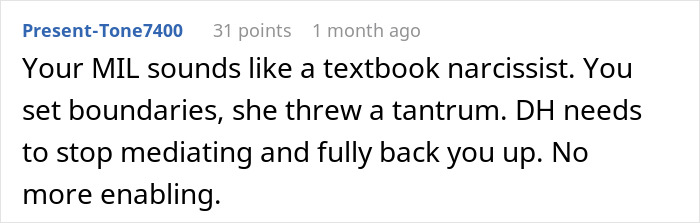 Comment discussing a new mom setting boundaries with her MIL exhibiting unhinged behavior and family conflict advice.