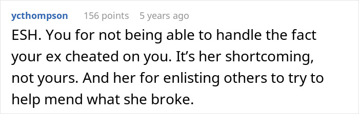 Screenshot of an online comment discussing a guy running out the window after his mom&rsquo;s attempt to reconcile him and his ex fianc&eacute;.