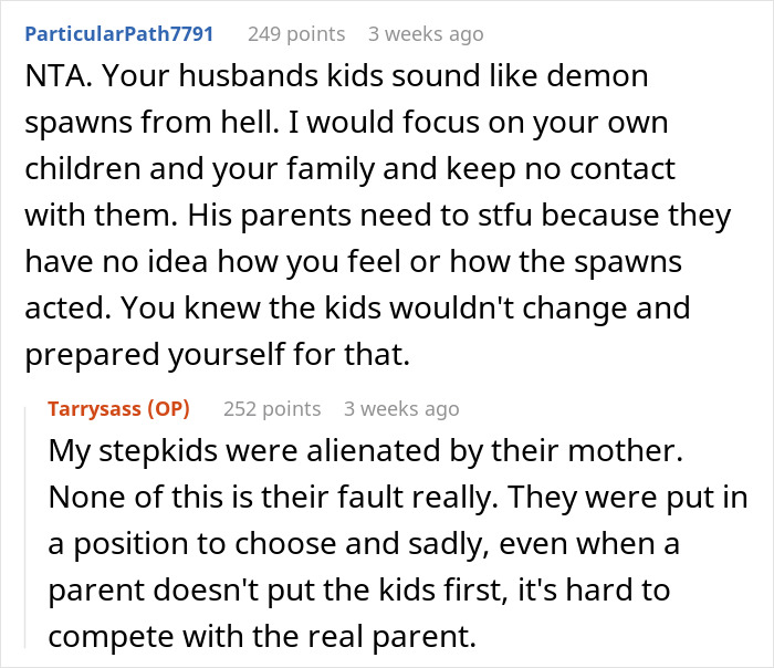 Reddit comments discussing kids poisoned against stepmom by their mom, causing lasting resentment into adulthood.