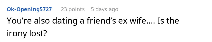 Screenshot of a forum comment discussing a guy who finds out his ex-wife cheated with his best man and fears for his current girlfriend.