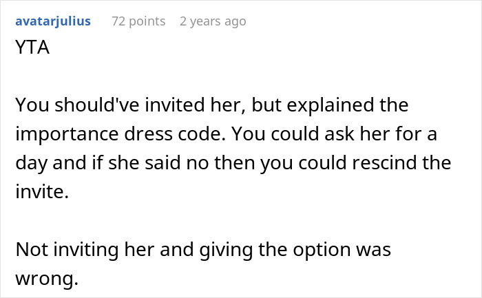 Screenshot of online comment defending excluding a friend from extravagant ball due to dress code, sparking reality check discussion.
