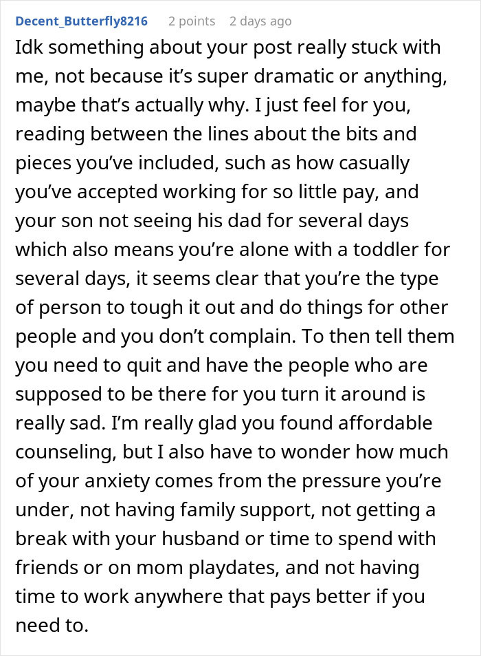 Comment on parenting guilt-tripping after daughter-in-law refuses to be cheap babysitter, discussing family support and anxiety pressures.