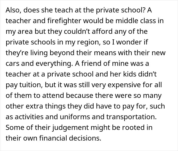 Text discussing financial challenges of private school tuition and judgments tied to parents taking guilt-tripping after babysitting refusal.