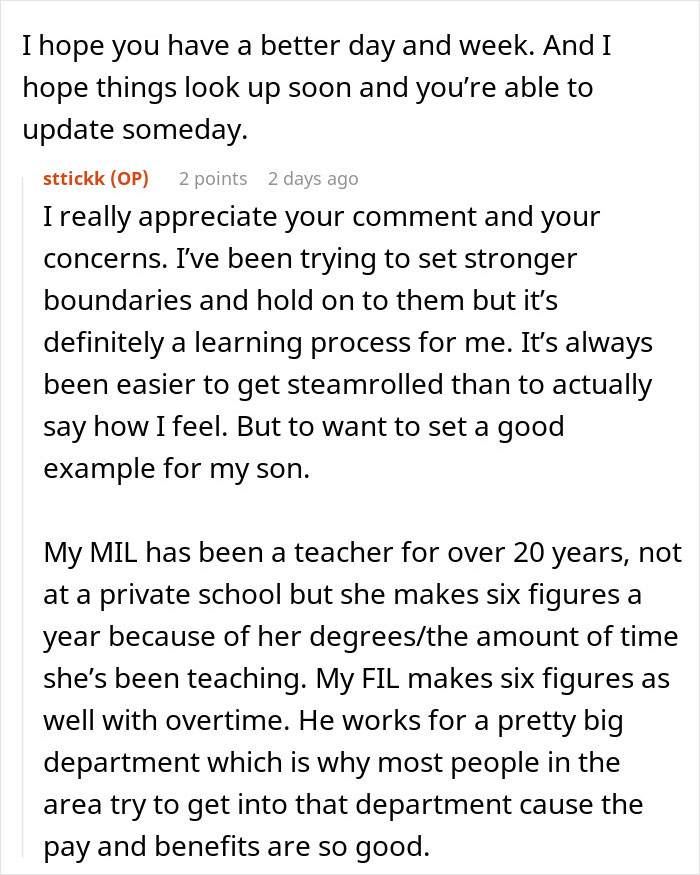 Commenter discussing setting boundaries with guilt-tripping parents after daughter-in-law refuses cheap babysitting requests.