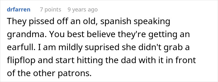 Screenshot of a forum comment discussing an employee overhearing a dad whisper hurry up and grabbing what he wants.