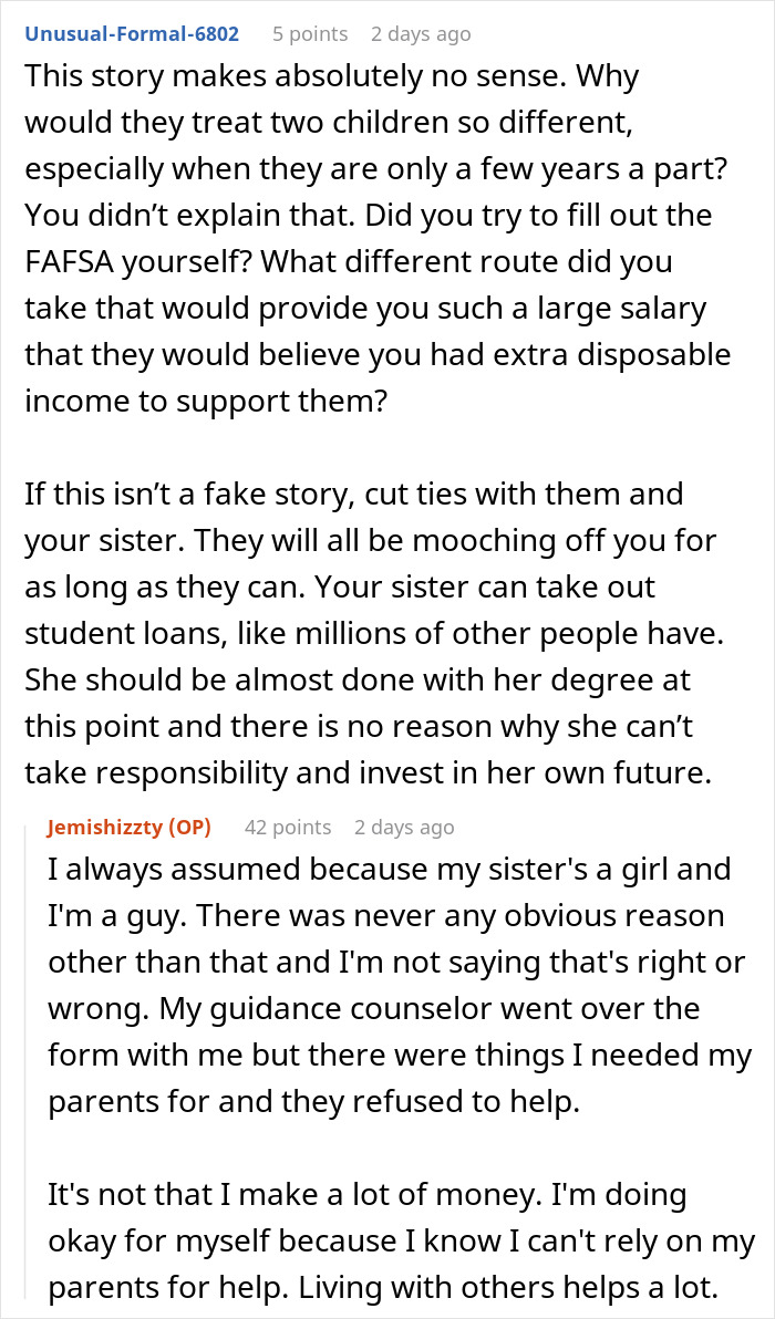 Reddit discussion about parents spoiling daughter, neglecting son, and financial struggles seeking help from son.