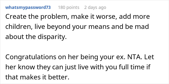 Screenshot of a comment criticizing a cheater wanting a rich ex to provide for her kids and trips for only the son.