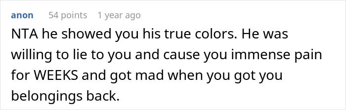 Screenshot of a comment discussing a man ruining his marriage by stealing his wife&rsquo;s tea set and giving it away.