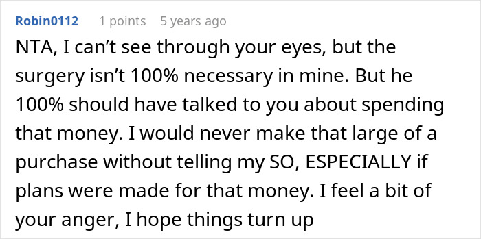 Comment discussing a woman&rsquo;s dream of having a tummy tuck impacted after husband takes her $15k savings.