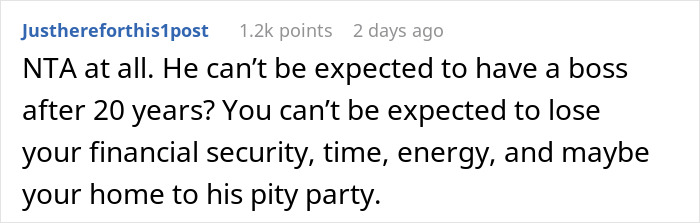 Reddit comment discussing a man refusing to get a job or have a boss after his business fails.