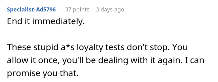 Screenshot of a user comment advising to end relationship due to repeated loyalty tests causing trust issues.