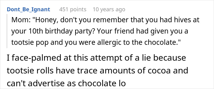 Screenshot of a Reddit comment about parents lying regarding food allergies causing no contact with daughter.