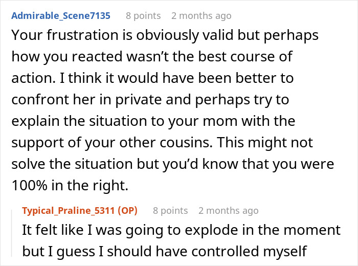 Teen loses patience as golden child cousin turns celebration into her own show during family event