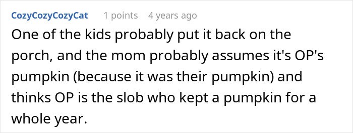 Screenshot of a Reddit comment discussing a neighbor&rsquo;s rotting pumpkin and passive-aggressive message ideas.