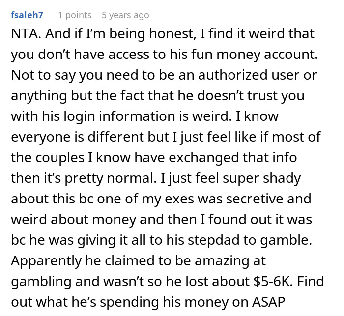 Reddit comment discussing trust issues and money secrecy in relationships related to tummy tuck savings concerns.