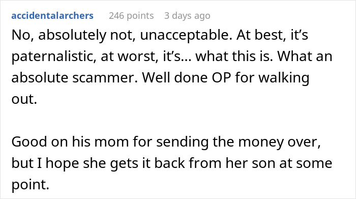 Screenshot of a Reddit comment calling out a boyfriend for lying and extorting $13k under the guise of rent.