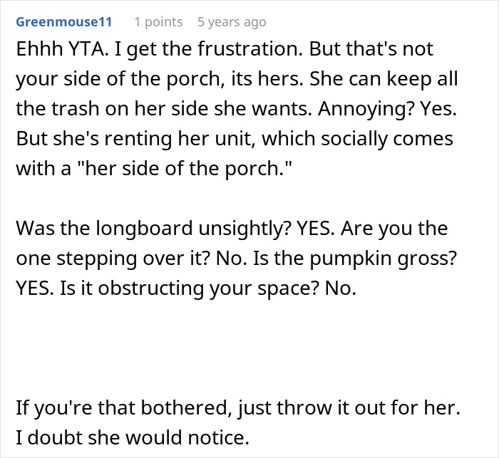 Alt text: Comment expressing frustration over neighbor&rsquo;s rotting pumpkin and considering a passive-aggressive message about the issue