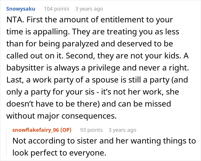 Screenshot of a Reddit conversation debating entitlement and babysitting involving a paralyzed woman and family expectations.