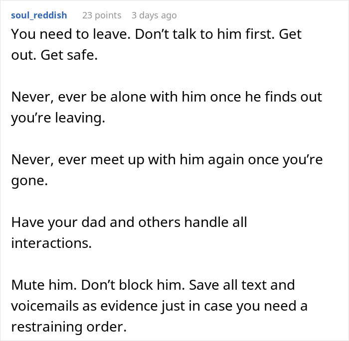 Comment advising to leave immediately and avoid contact after boyfriend destroyed girlfriend&rsquo;s grandmas jewelry box for safety.
