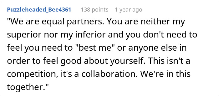Reddit comment about maintaining equal partnership to prevent husband feeling emasculated when wife earns more money.