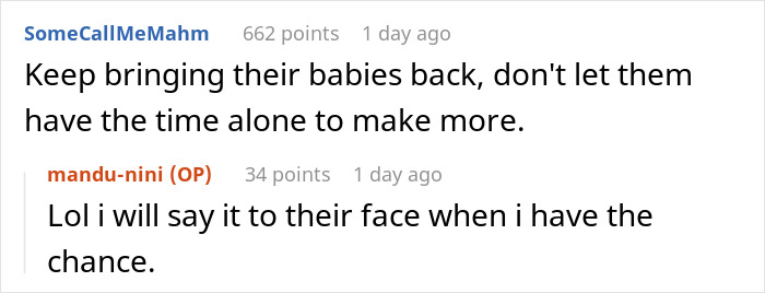 Screenshot of a Reddit conversation discussing a woman gleaming while watching her cousin&rsquo;s wife struggle after quitting babysitting.