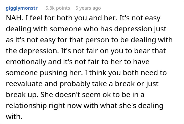 Comment discussing challenges of dealing with depression in relationships, emphasizing emotional struggles and the need for reevaluation. Comment discussing challenges of dealing with depression in relationships, emphasizing emotional struggles and the need for reevaluation.