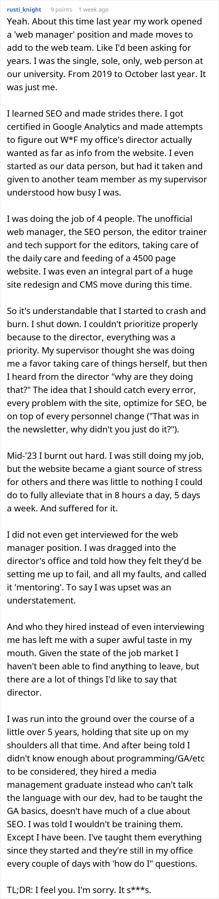 Worker who goes above and beyond experiences burnout and criticism despite dedication to SEO and web management tasks.