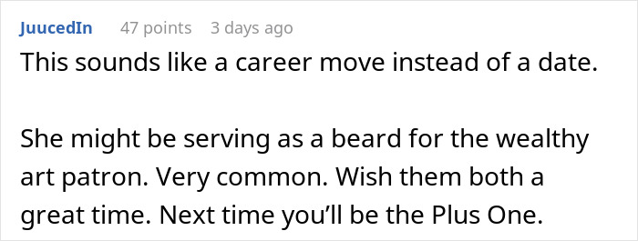 Screenshot of a forum comment discussing a woman going to a gala with a client as his date, causing relationship doubts.