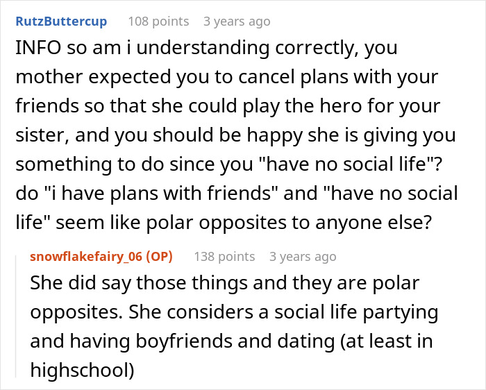 Reddit conversation discussing a paralyzed woman refusing to babysit and the mother&rsquo;s view on her social life.