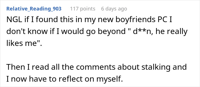 Screenshot of a Reddit comment discussing discovering hundreds of secret photos taken by a girlfriend after five weeks.