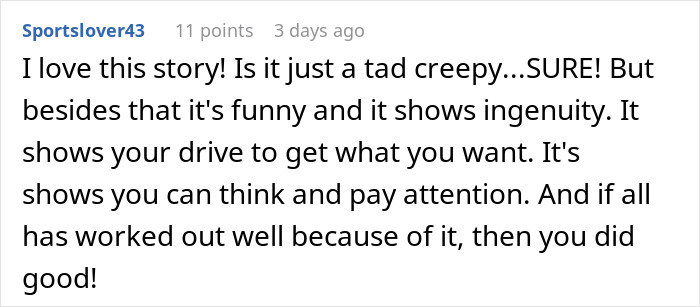 Comment expressing mixed feelings about a woman staging her apartment to impress a guy, admiring her ingenuity and drive.