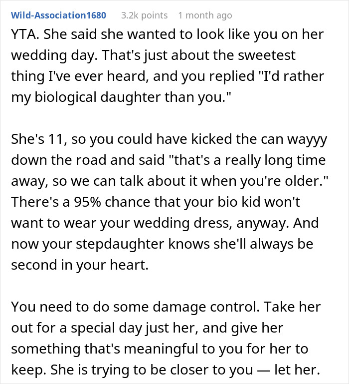 Text excerpt discussing a woman prioritizing her biological daughter over stepdaughters in heirloom decisions.