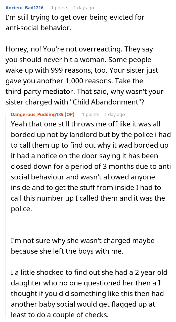 Text conversation about child abandonment and family conflict, discussing sister's role in raising kids and legal concerns.