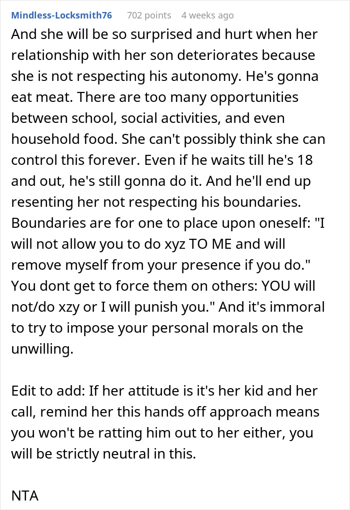 Commenter explaining boundaries in a family conflict over stepson&rsquo;s diet change, highlighting respect and autonomy issues.