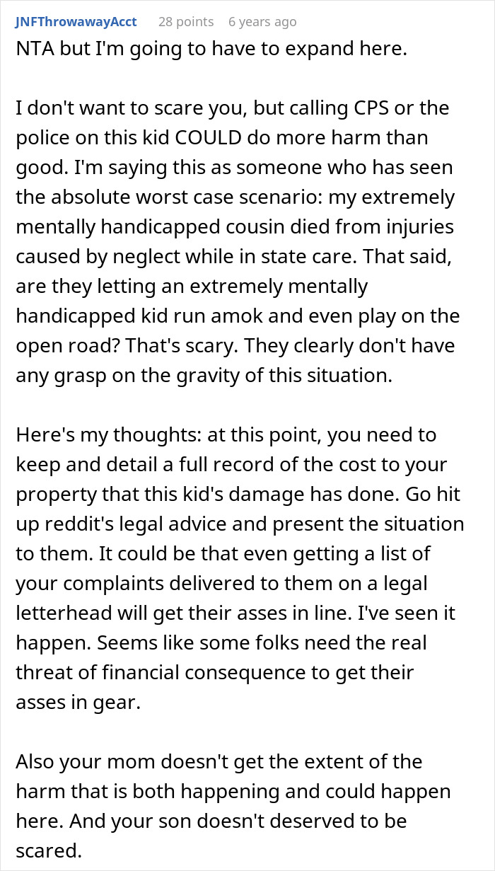 Reddit user discussing the dilemma of calling cops over neighbors’ disabled son repeatedly raiding trash and causing property damage. Reddit user discussing the dilemma of calling cops over neighbors’ disabled son repeatedly raiding trash and causing property damage.