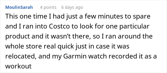 Comment about a woman sharing how Costco helped her lose 130 lbs, mentioning a Garmin watch tracking her workout.