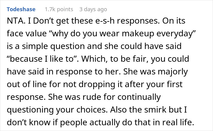 Screenshot of an online comment discussing a guy asking his coworker why she wears makeup every day and the resulting debate.