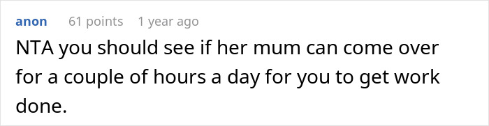 Screenshot of an online comment discussing managing work meetings while caring for a pregnant bedridden wife.