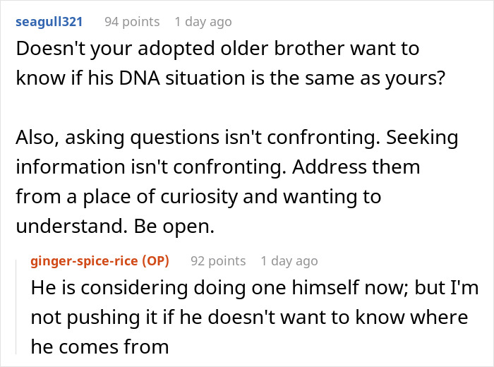 Reddit conversation discussing how to confront parents about DNA test results with openness and curiosity. Reddit conversation discussing how to confront parents about DNA test results with openness and curiosity.