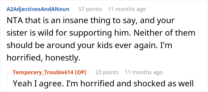 Screenshot of a Reddit conversation where users express being shocked and horrified by a man causing his BIL&rsquo;s wife to cry.