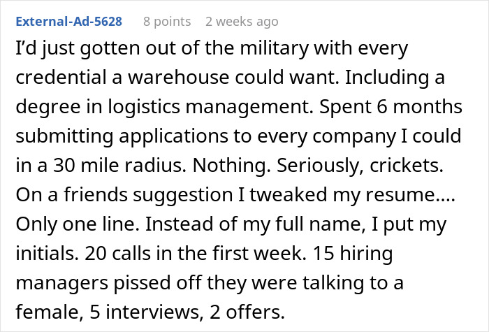 Alt text: Text post describing how changing name to a more white-sounding one led to more job offers after military service.