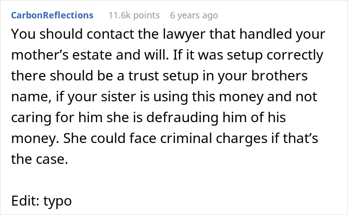 Text post discussing legal advice about a sister abandoning their autistic brother and possible criminal charges.