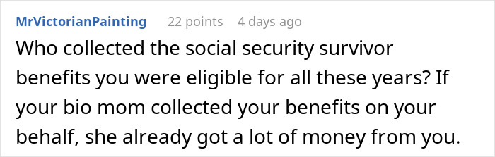 Comment text discussing a bio mom who abandoned her 4-year-old son and later asked for financial support from him. Comment text discussing a bio mom who abandoned her 4-year-old son and later asked for financial support from him.