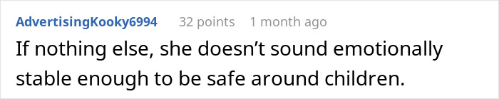 Comment text on a white background discussing emotional stability concerns related to a family conflict involving a new mom and her MIL.