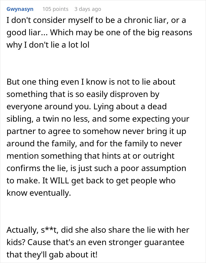 Text post discussing the consequences of lying about a dead sibling and how such lies are eventually revealed.