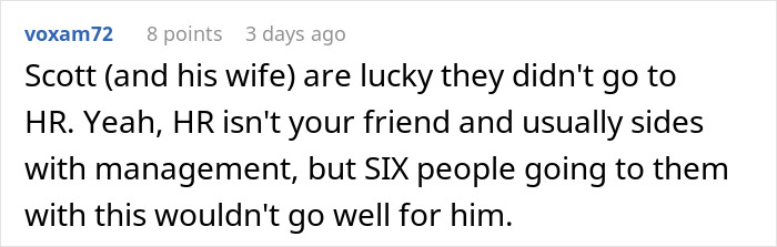 Screenshot of a Reddit comment discussing coworkers going to their superior&rsquo;s wife&rsquo;s show and feeling scammed.